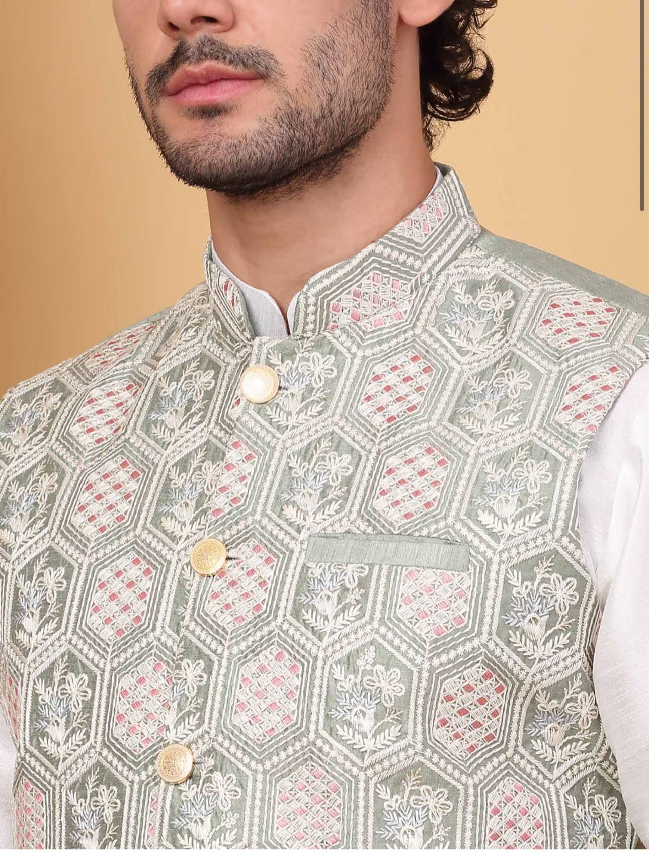 Men White Embroidered Kurta with Churidar and Nehru Jacket Set In Germany