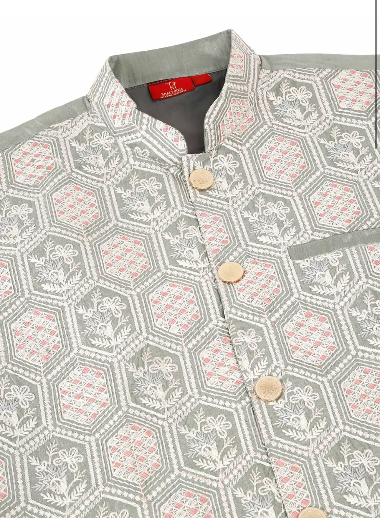 Men White Embroidered Kurta with Churidar and Nehru Jacket Set In Germany