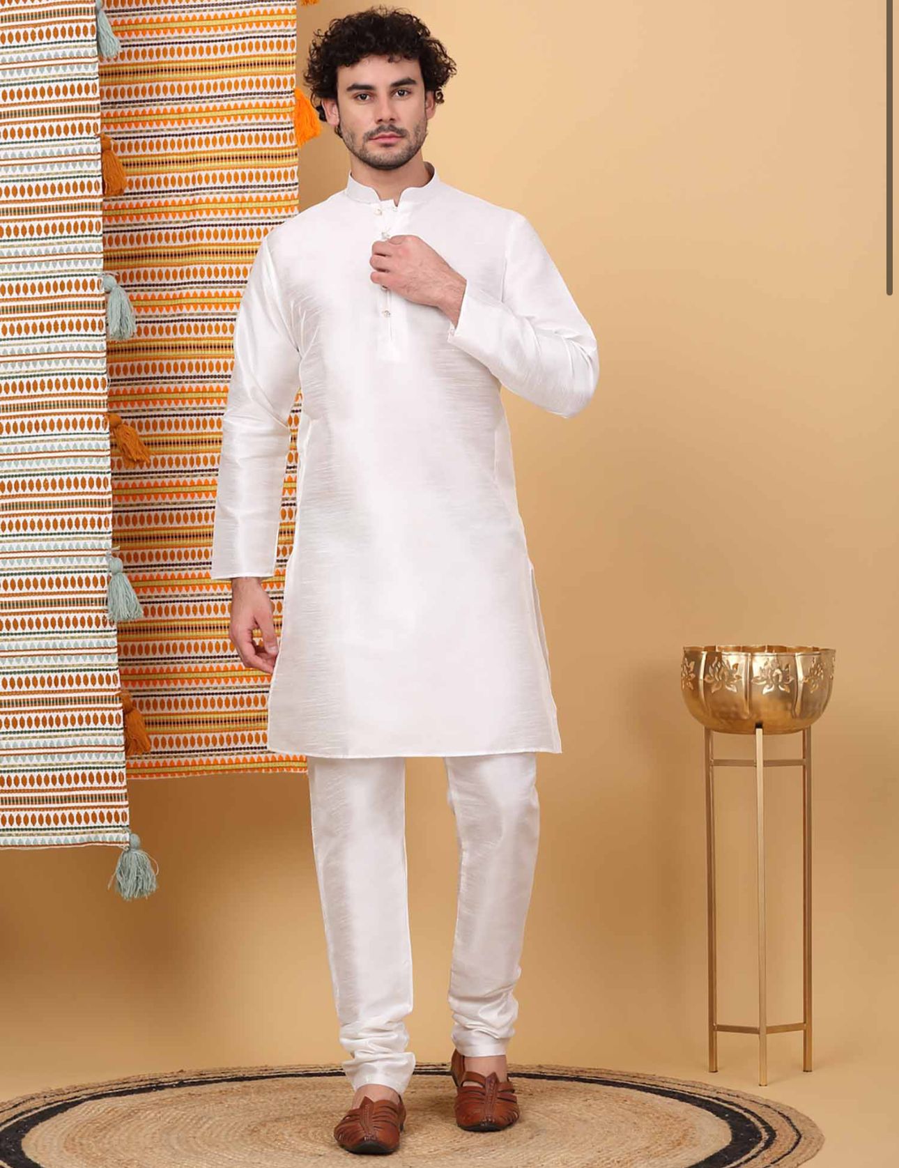 Men White Embroidered Kurta with Churidar and Nehru Jacket Set In Germany