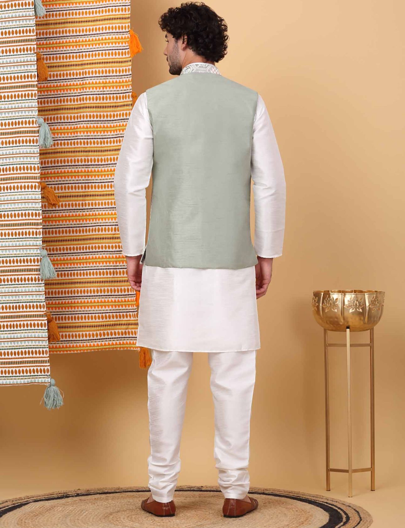 Men White Embroidered Kurta with Churidar and Nehru Jacket Set In Germany