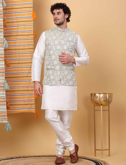 Men White Embroidered Kurta with Churidar and Nehru Jacket Set In Germany