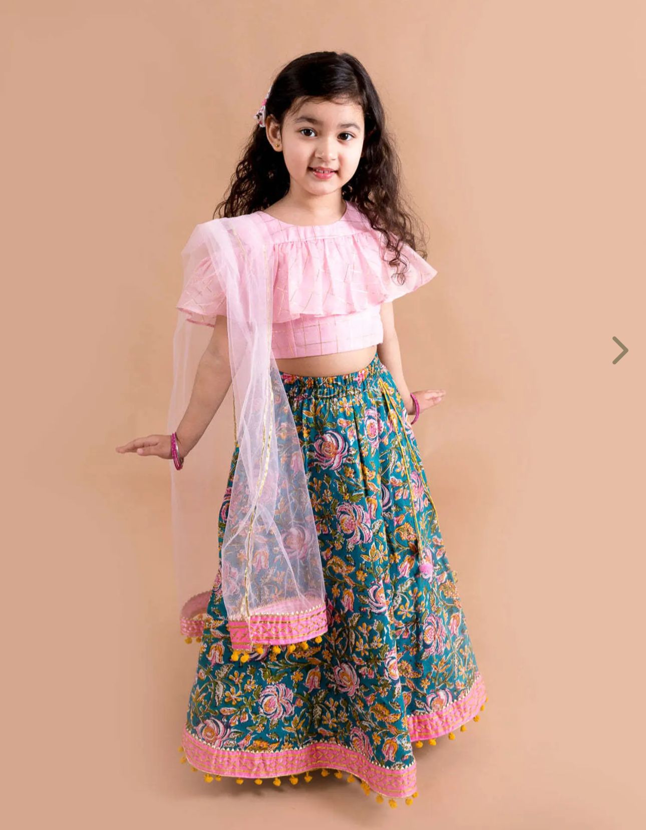Girls Pink & Green Cotton Regular Fit Printed Lehenga Choli in Germany