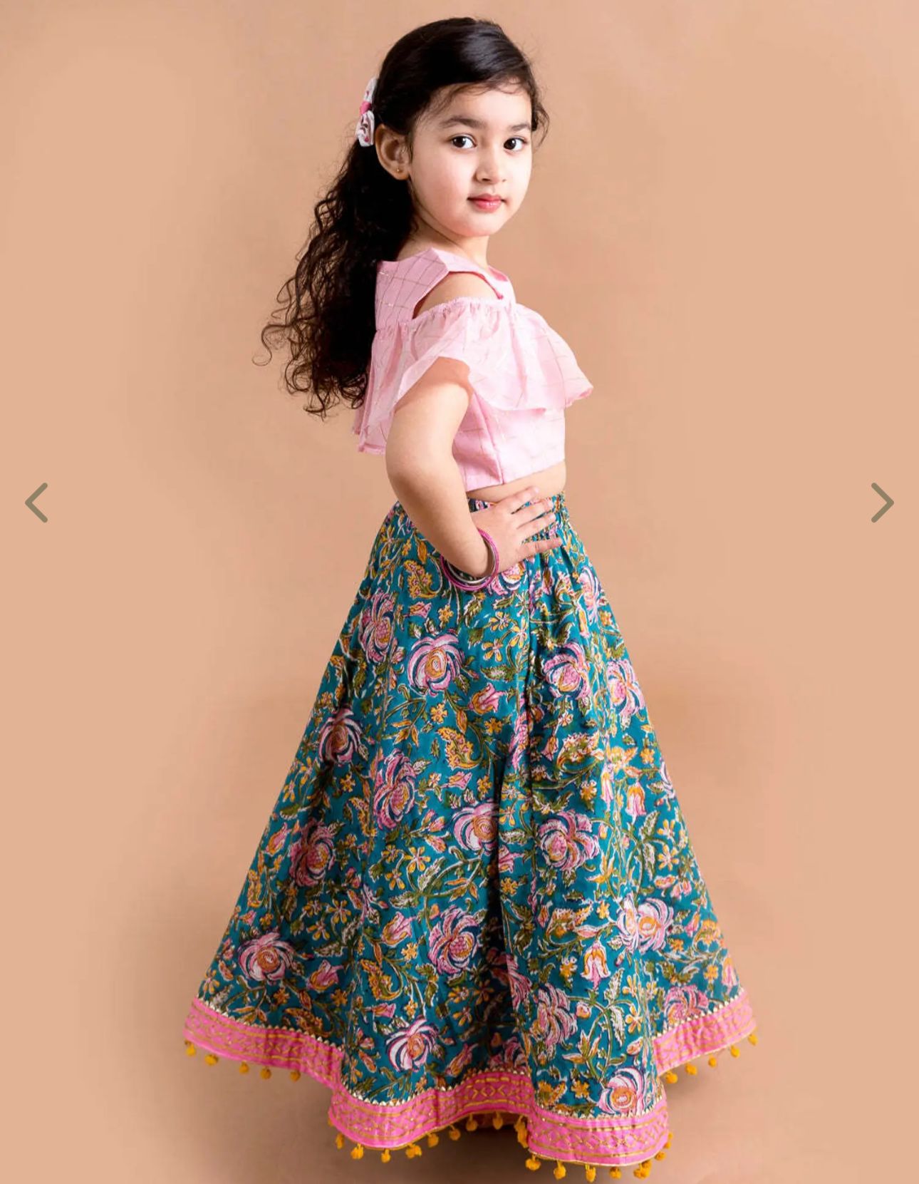 Girls Pink & Green Cotton Regular Fit Printed Lehenga Choli in Germany