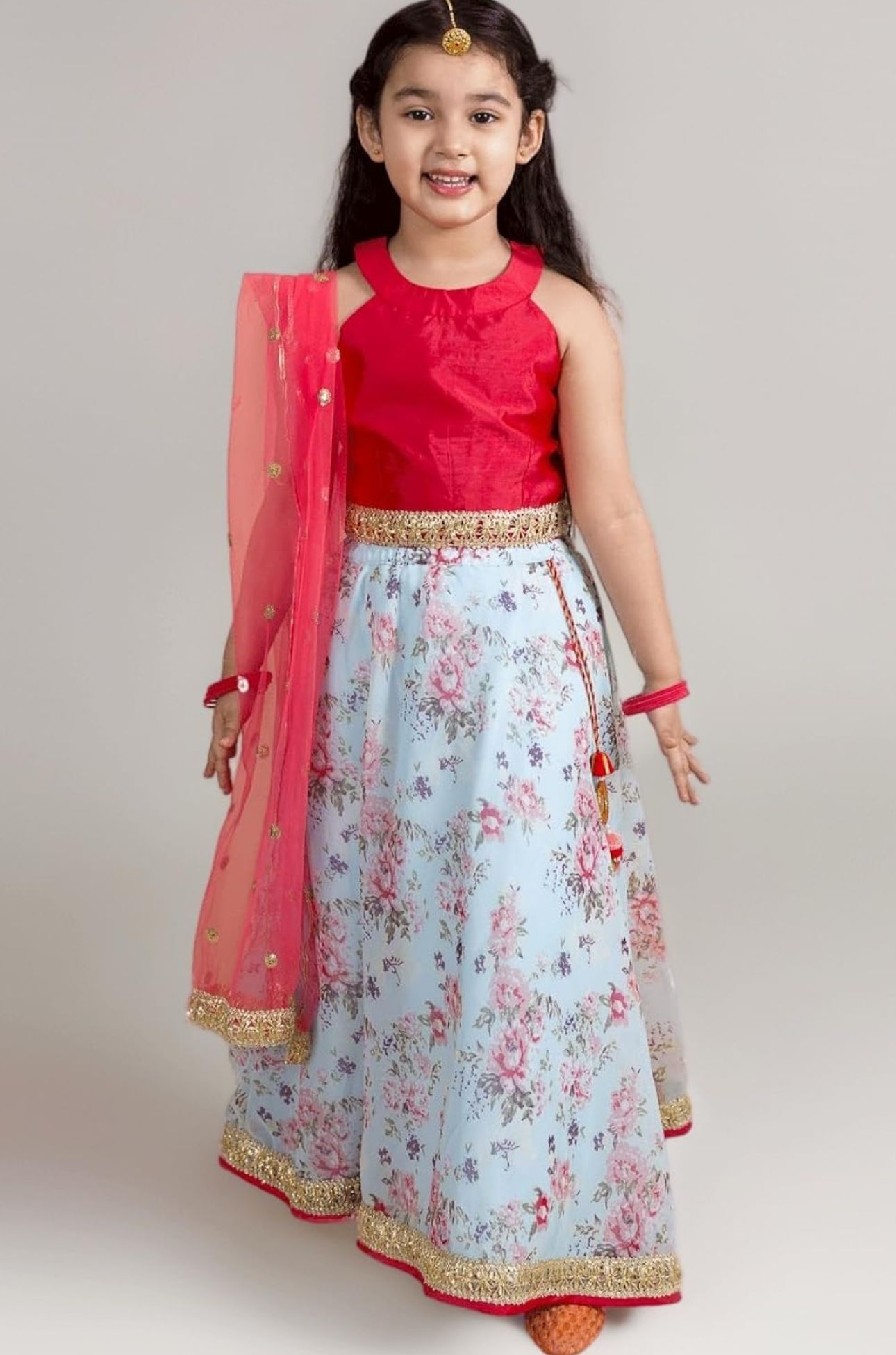 Girls Polyester Red Blue Floral Readymade Lehenga Choli Set in Berlin