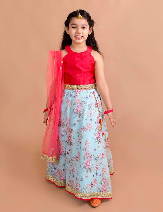 Girls Polyester Red Blue Floral Readymade Lehenga Choli Set in Berlin
