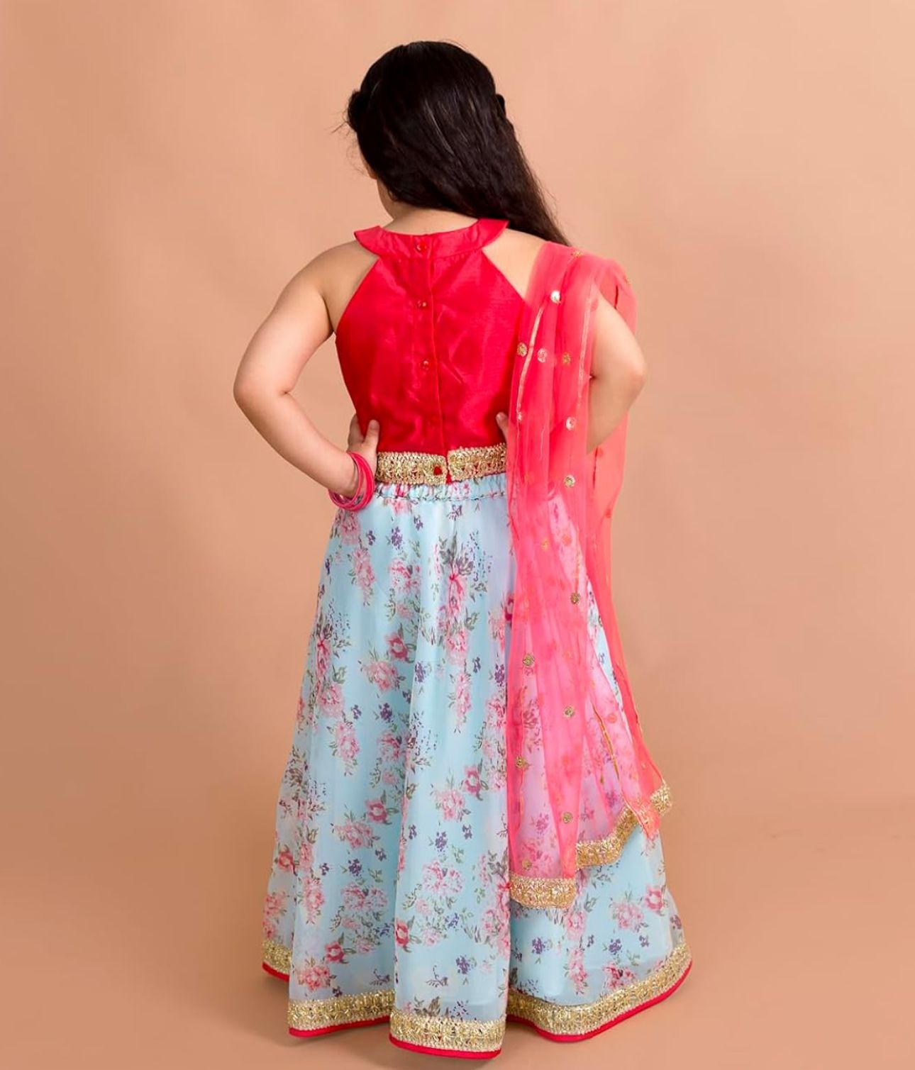 Girls Polyester Red Blue Floral Readymade Lehenga Choli Set in Berlin