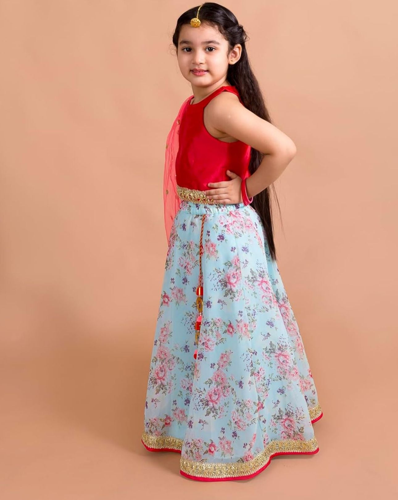 Girls Polyester Red Blue Floral Readymade Lehenga Choli Set in Berlin