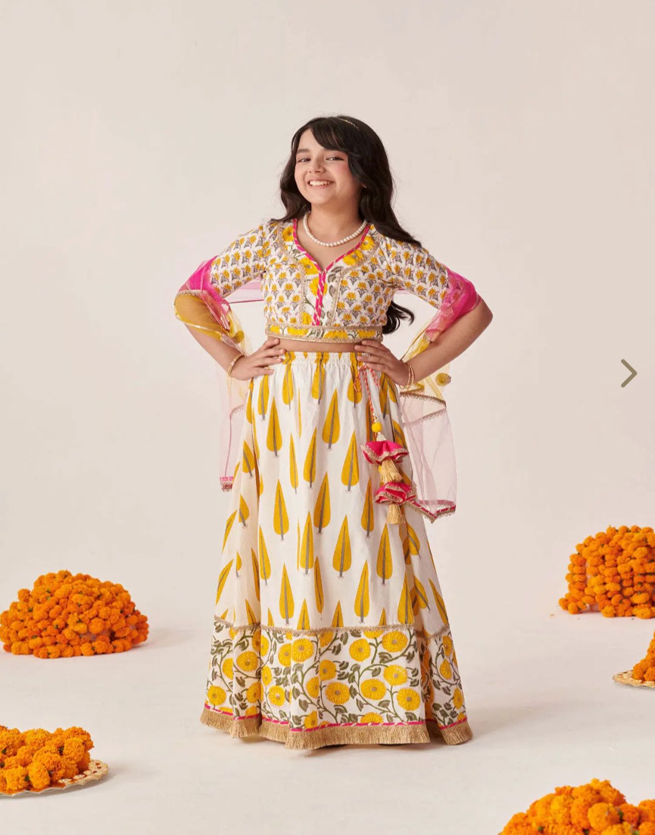 Girls Yellow Cotton Regular Fit Printed Lehenga Choli in Germany
