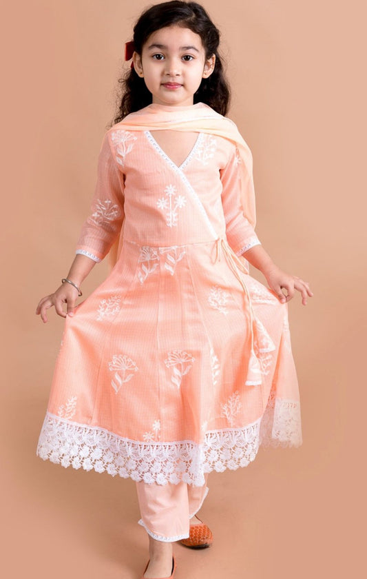 Girls Peach Embroidered Angrakha Kurta Pant Dupatta Set in Berlin
