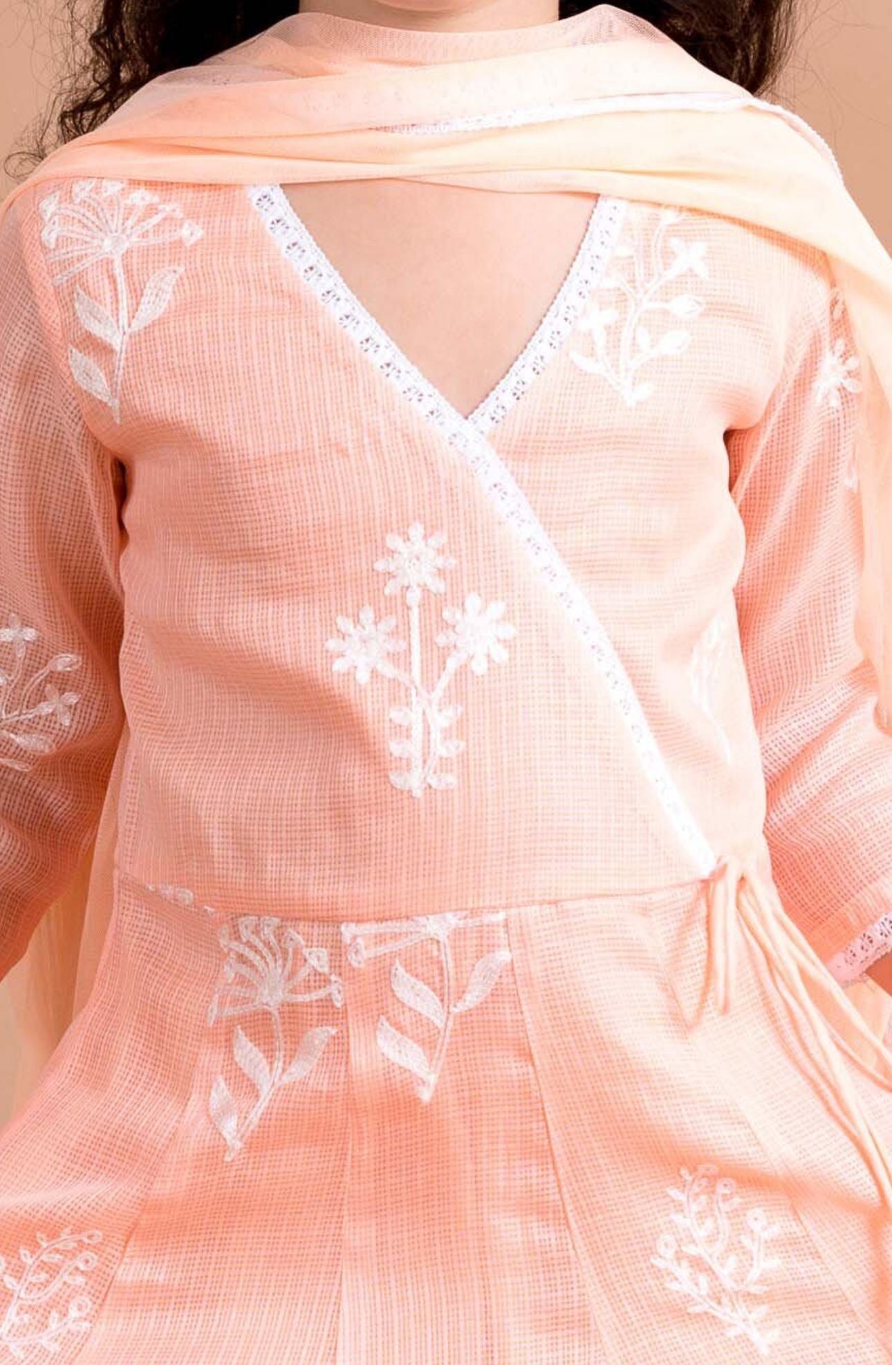 Girls Peach Embroidered Angrakha Kurta Pant Dupatta Set in Berlin