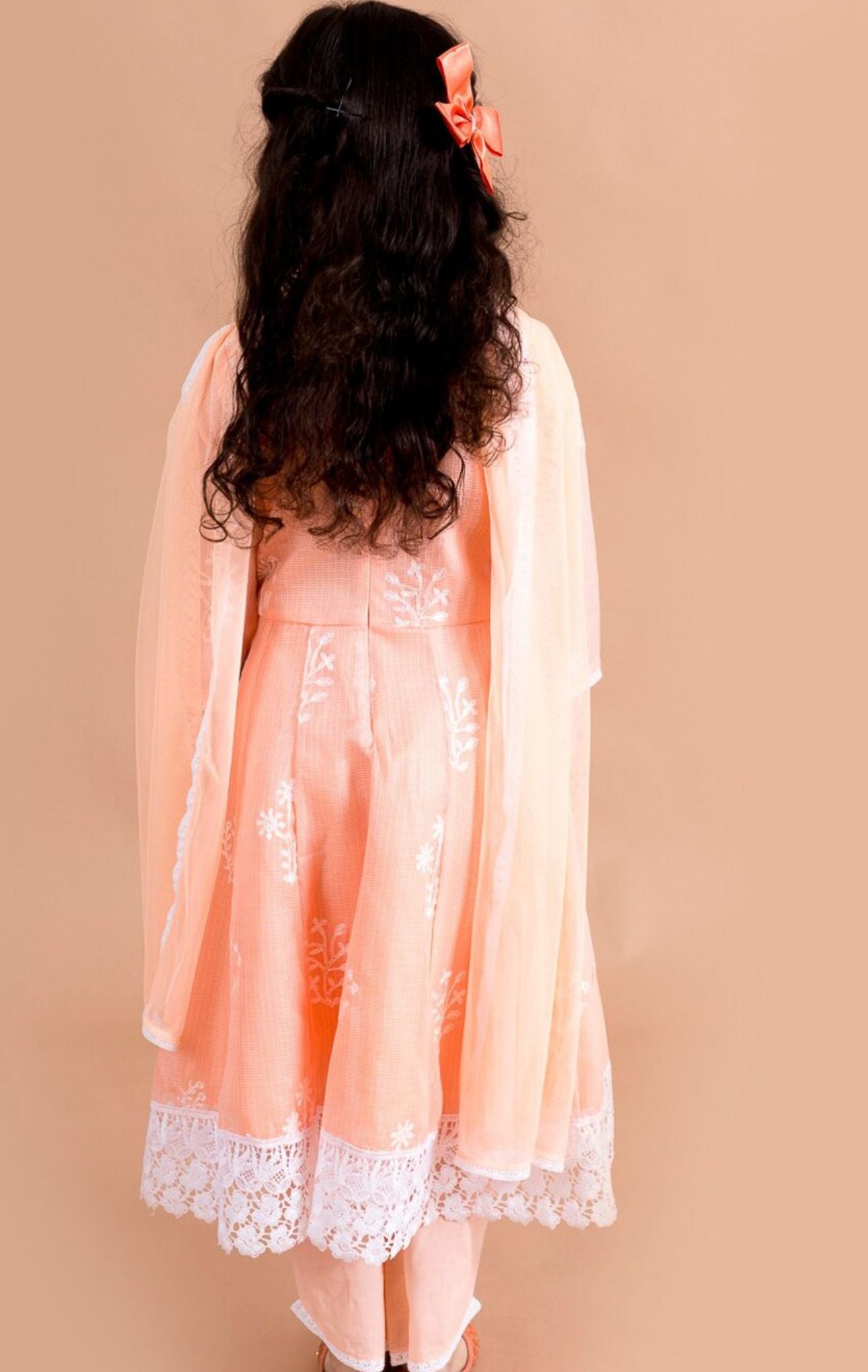 Girls Peach Embroidered Angrakha Kurta Pant Dupatta Set in Berlin