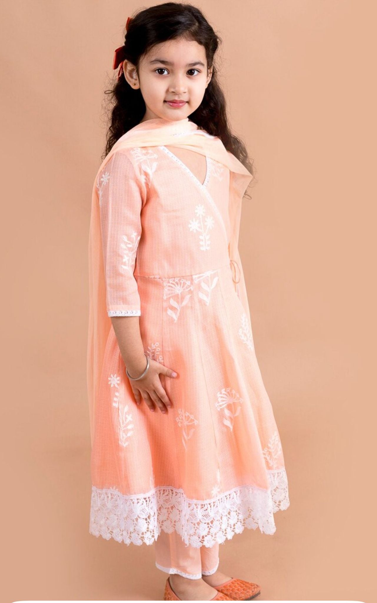 Girls Peach Embroidered Angrakha Kurta Pant Dupatta Set in Berlin