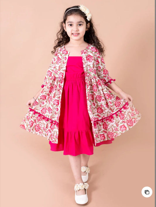 Girls Pink Solid Cotton A-Line Dress With Floral Print Cape in Germany