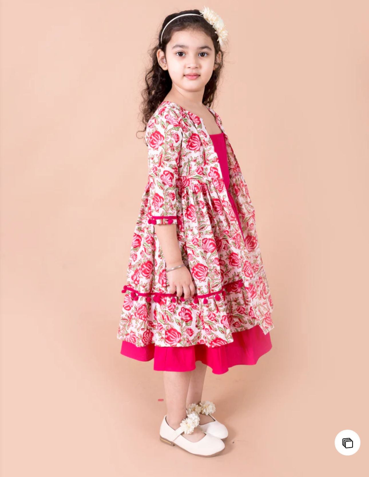 Girls Pink Solid Cotton A-Line Dress With Floral Print Cape in Germany