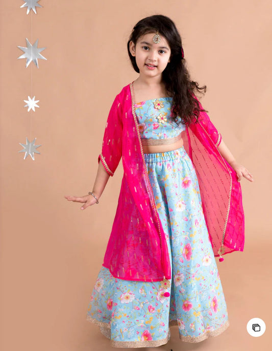 Girls Blue & Pink Floral Printed Silk A-Line Lehenga Choli With Cape in Germany