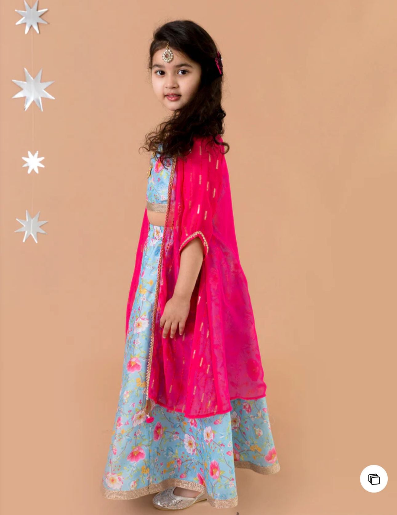 Girls Blue & Pink Floral Printed Silk A-Line Lehenga Choli With Cape in Germany