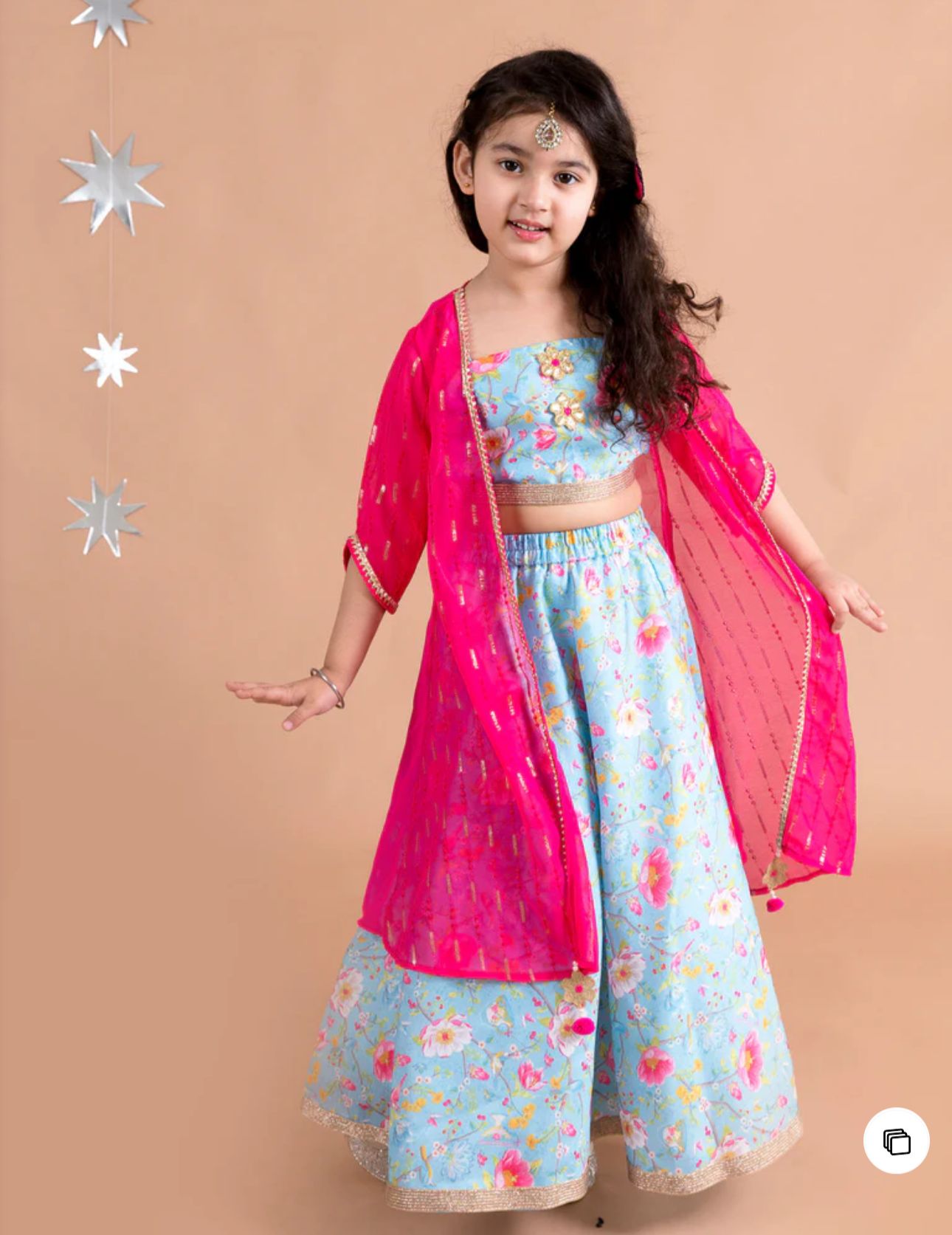 Girls Blue & Pink Floral Printed Silk A-Line Lehenga Choli With Cape in Germany