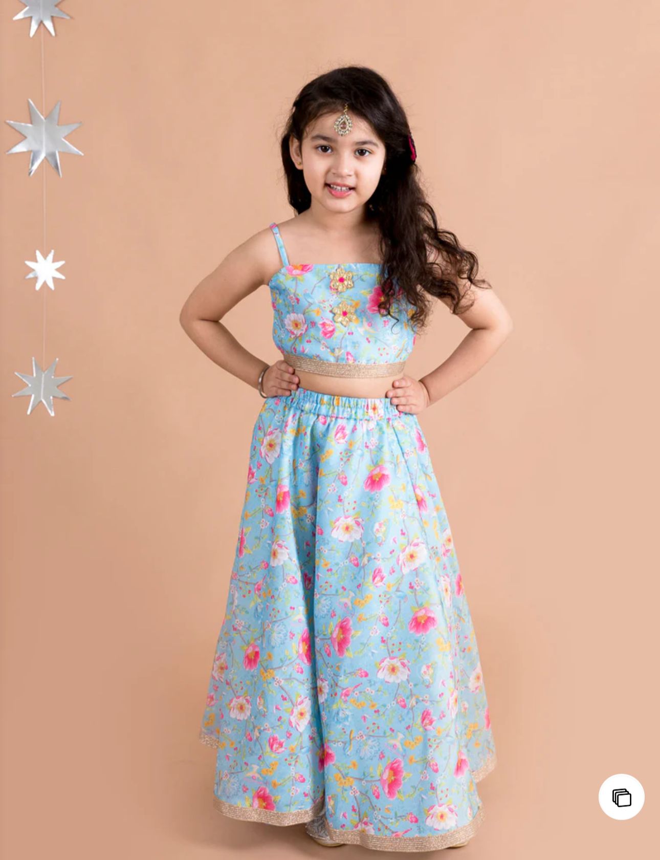 Girls Blue & Pink Floral Printed Silk A-Line Lehenga Choli With Cape in Germany