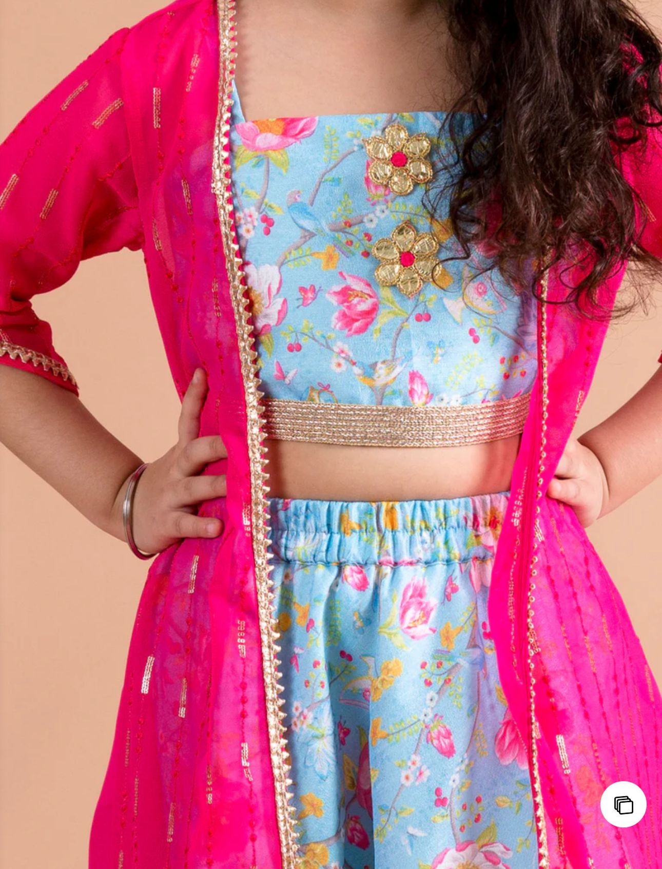 Girls Blue & Pink Floral Printed Silk A-Line Lehenga Choli With Cape in Germany
