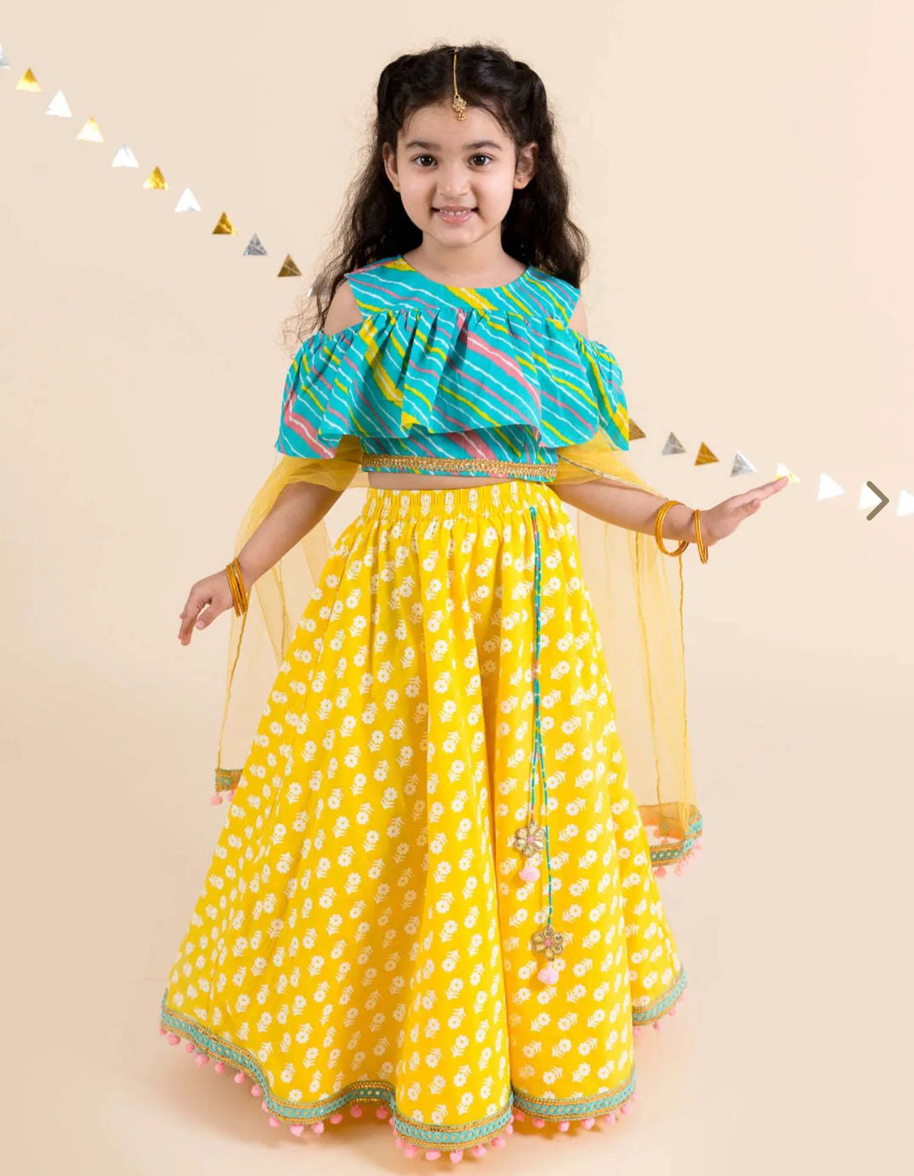 Girls Yellow & Turquoise Blue Cotton Regular Fit Printed Lehenga Choli in Berlin
