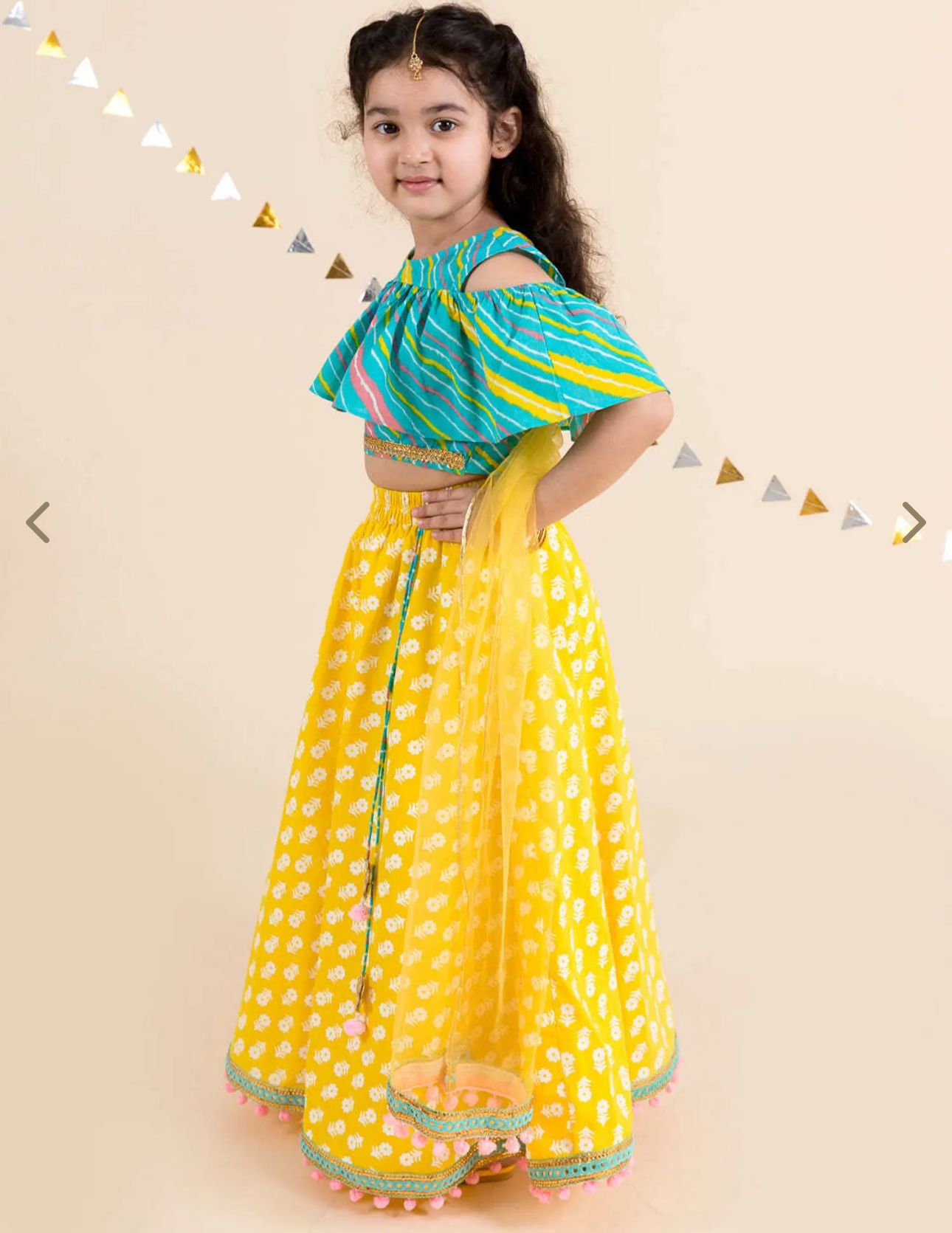 Girls Yellow & Turquoise Blue Cotton Regular Fit Printed Lehenga Choli in Berlin