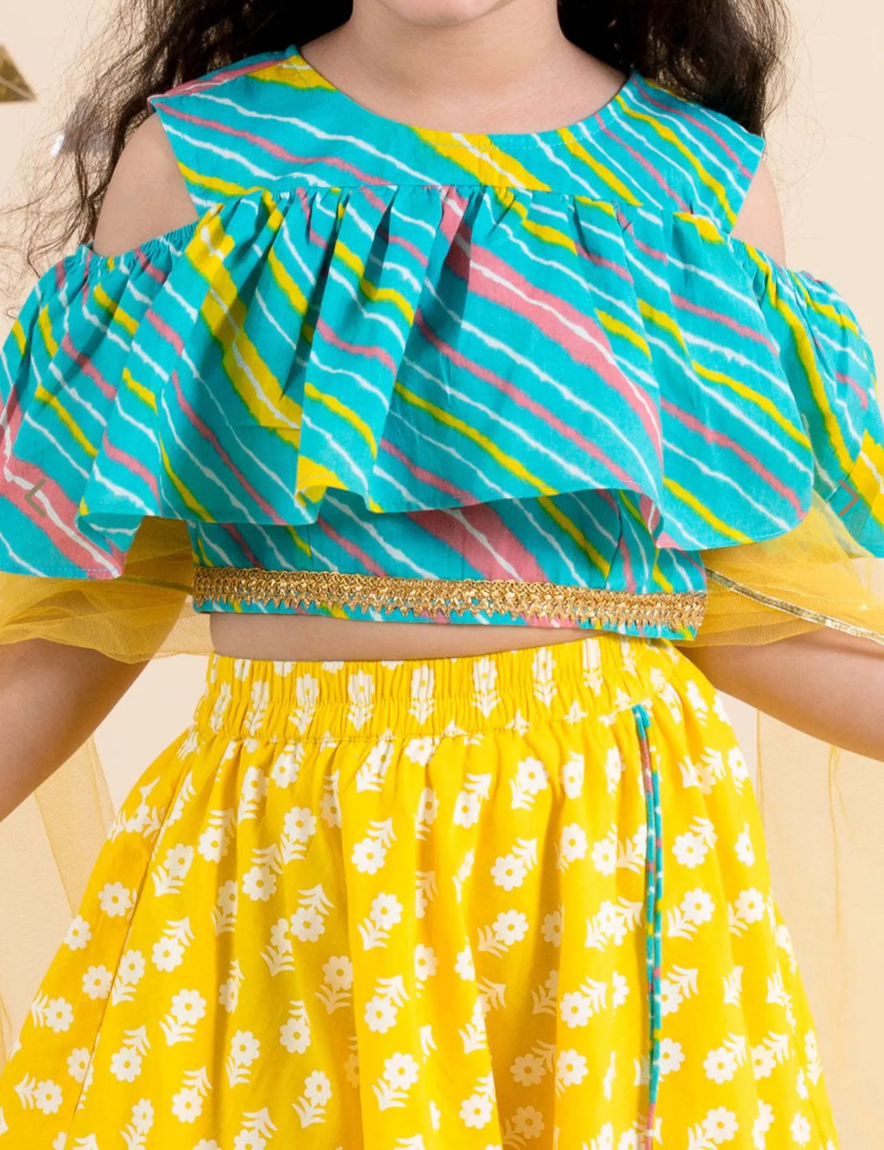 Girls Yellow & Turquoise Blue Cotton Regular Fit Printed Lehenga Choli in Berlin