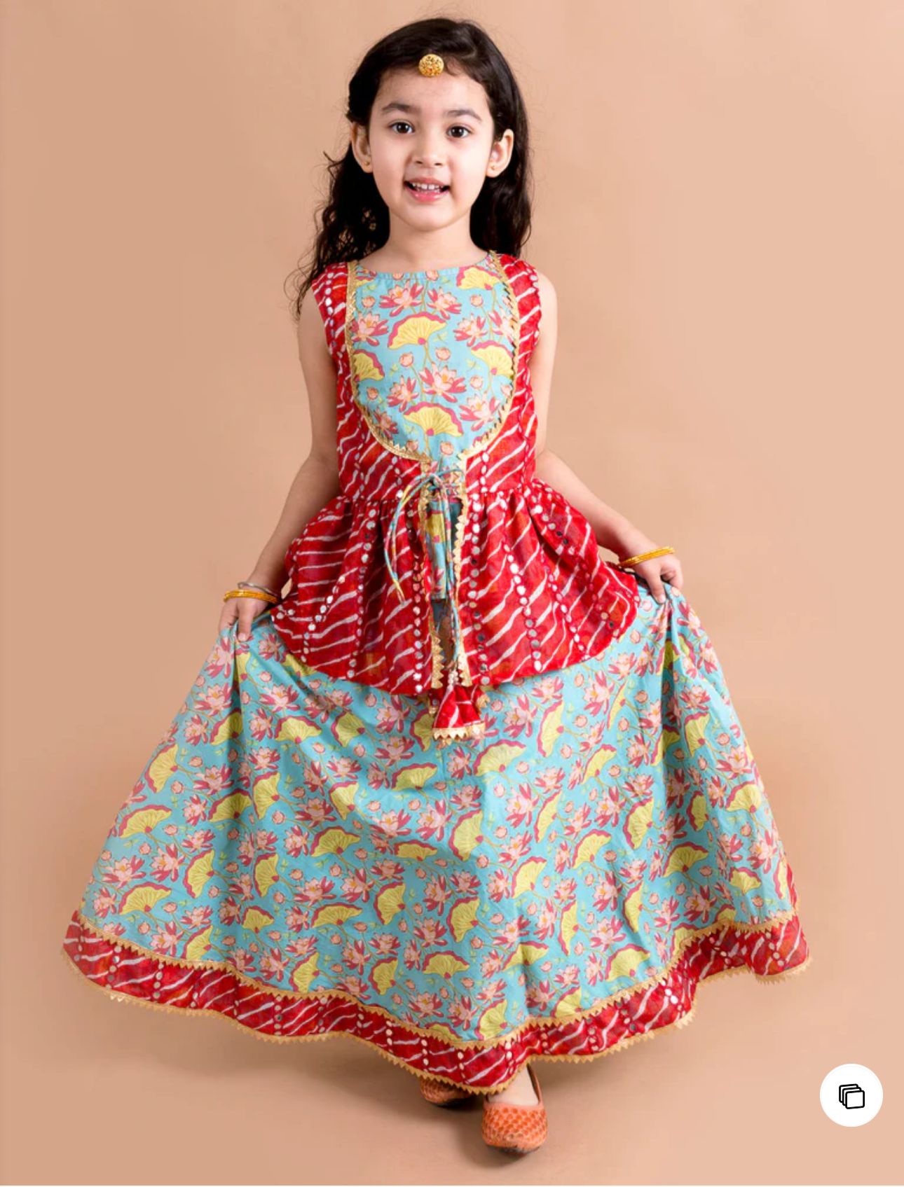 Girls Blue & Red lotus Printed Cotton Flared Lehenga & Choli
