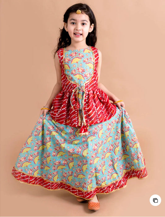 Girls Blue & Red lotus Printed Cotton Flared Lehenga & Choli