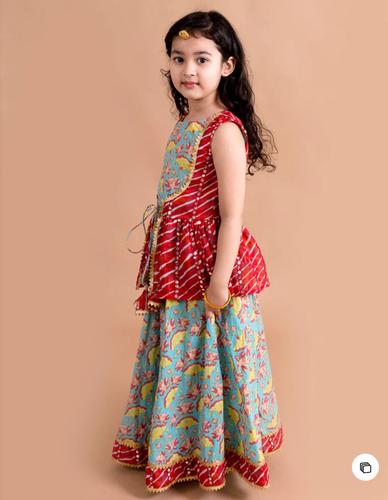 Girls Blue & Red lotus Printed Cotton Flared Lehenga & Choli
