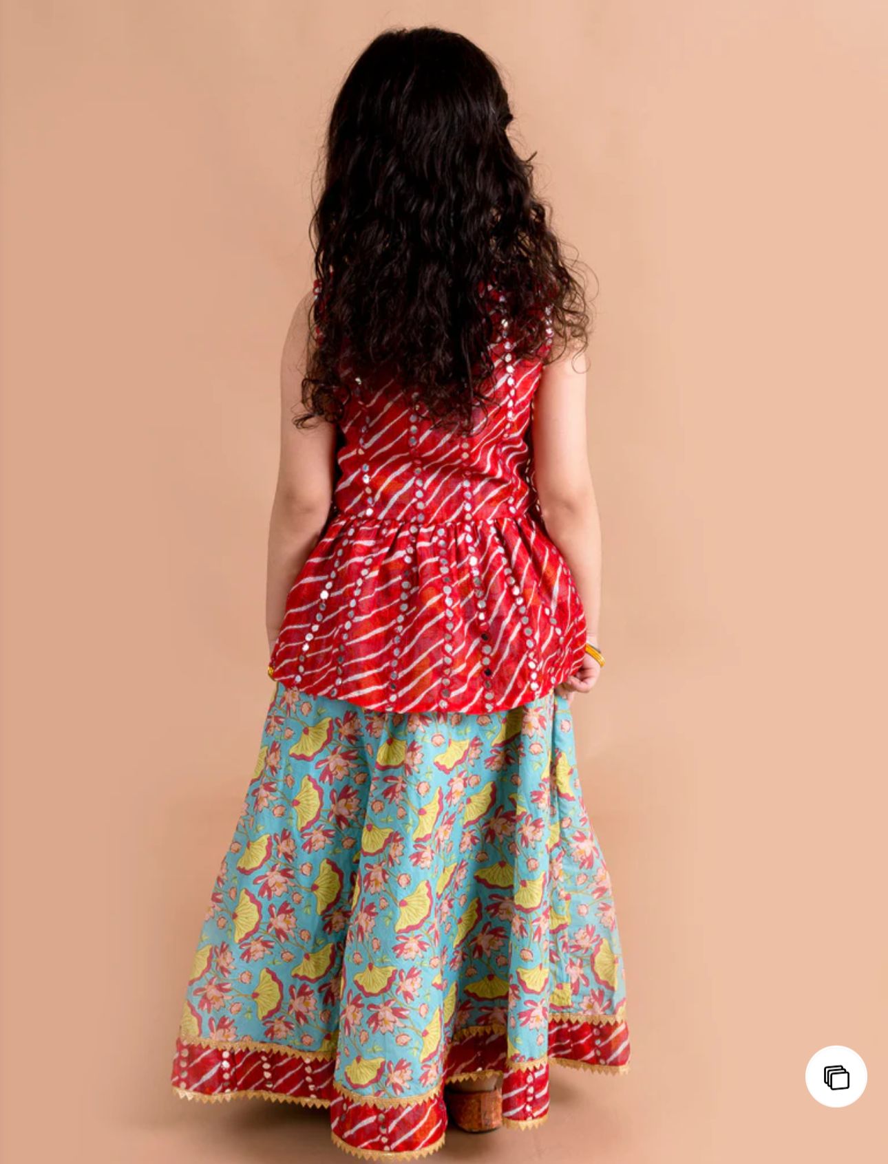Girls Blue & Red lotus Printed Cotton Flared Lehenga & Choli
