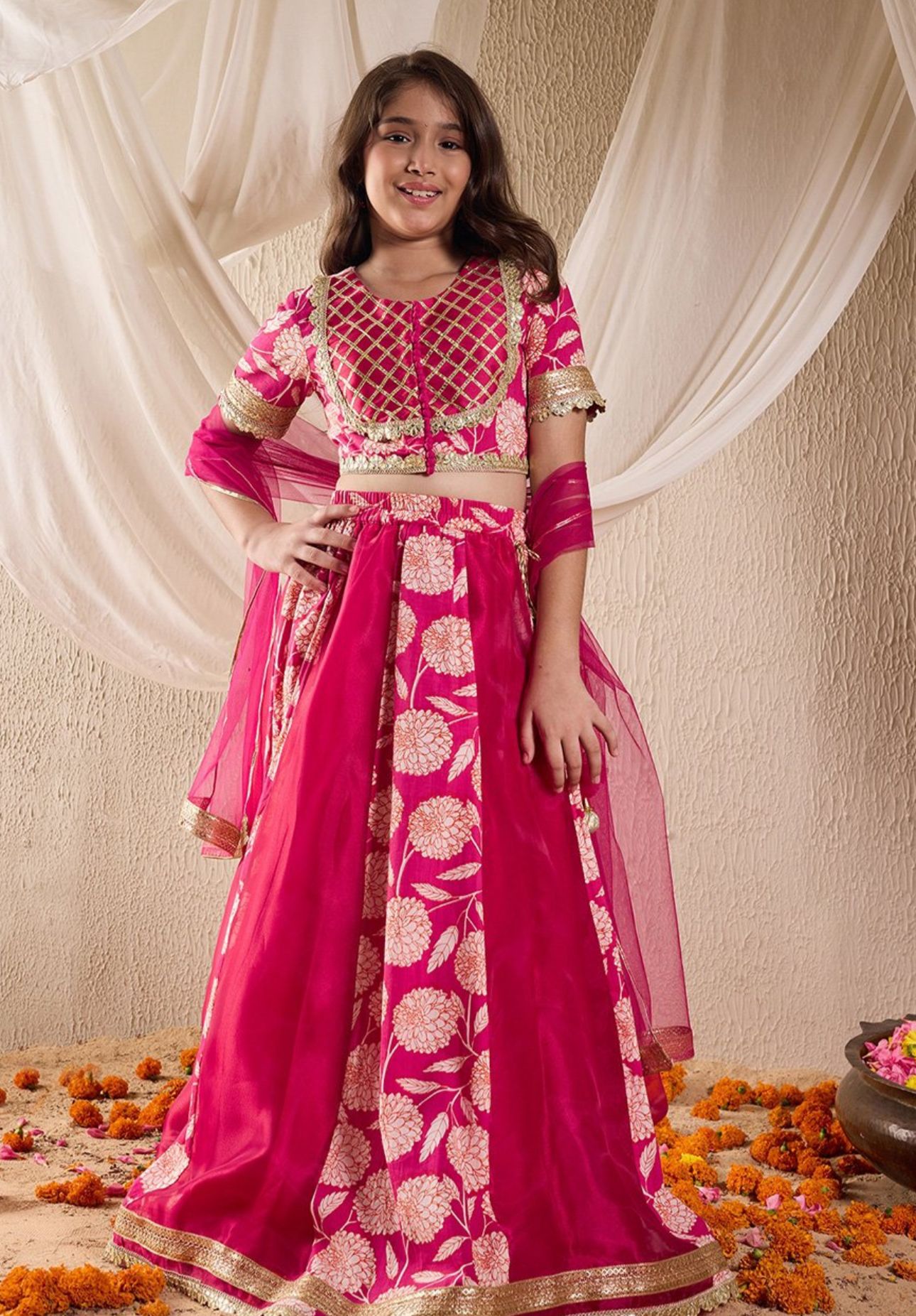Girls Magenta Floral Print Taffeta Panelled Lehenga & Choli With Dupatta in Berlin