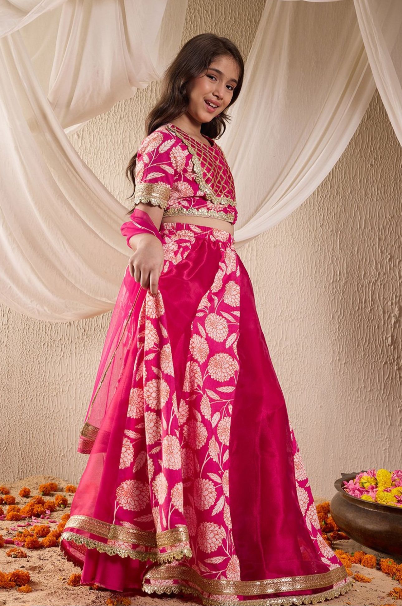 Girls Magenta Floral Print Taffeta Panelled Lehenga & Choli With Dupatta in Berlin