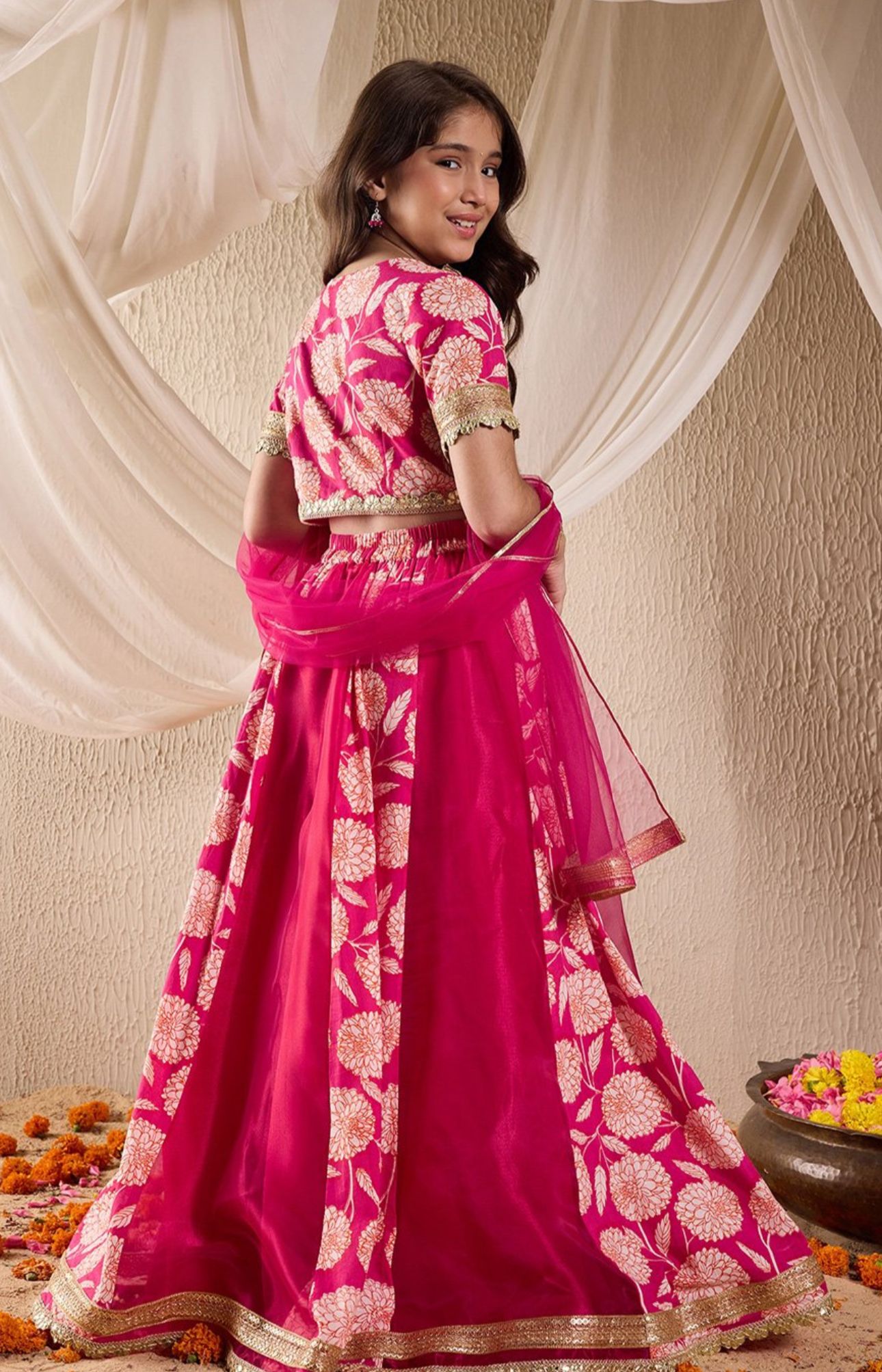 Girls Magenta Floral Print Taffeta Panelled Lehenga & Choli With Dupatta in Berlin