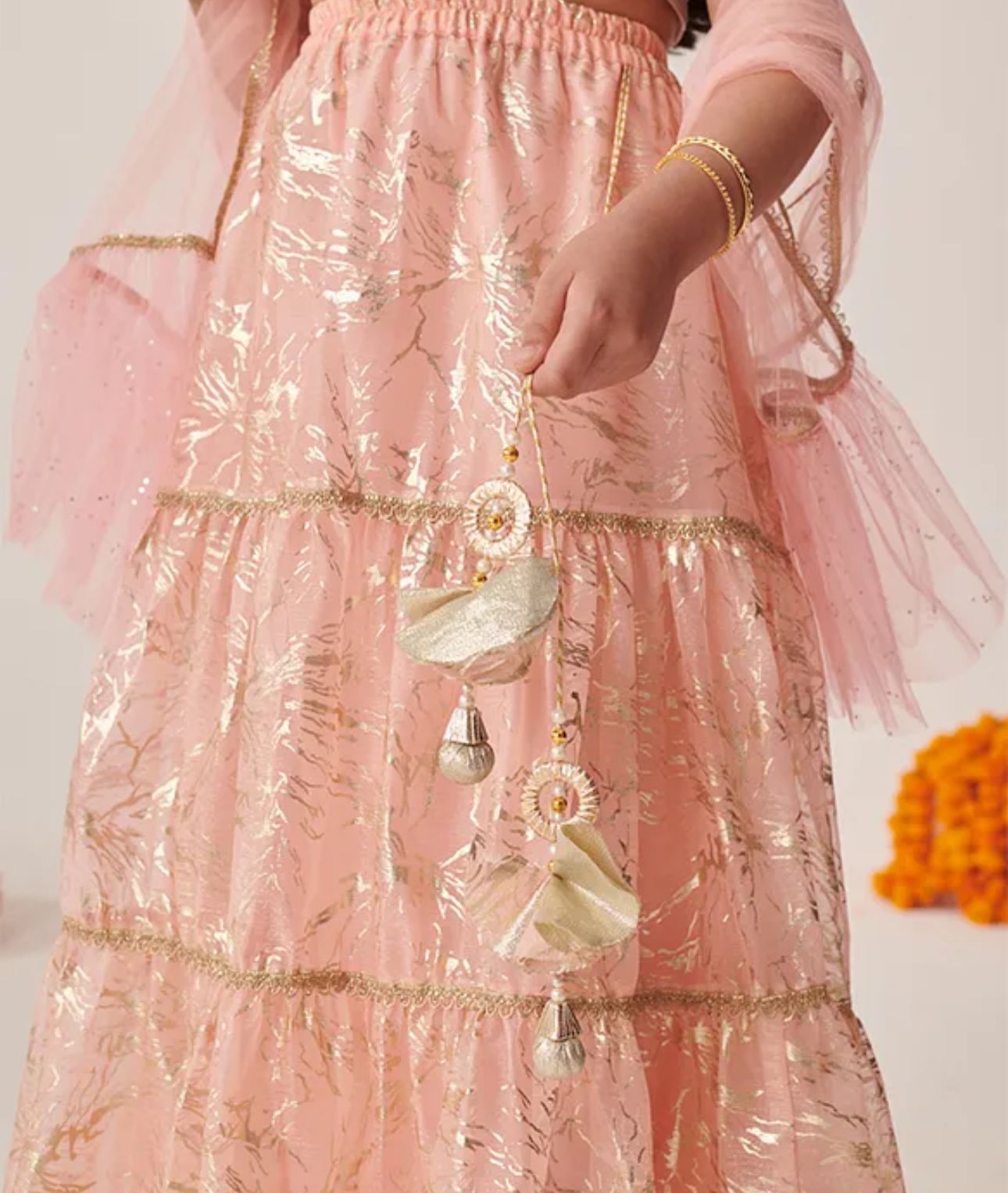 Girls Peach Regular Fit Printed Lehenga Choli in Germany