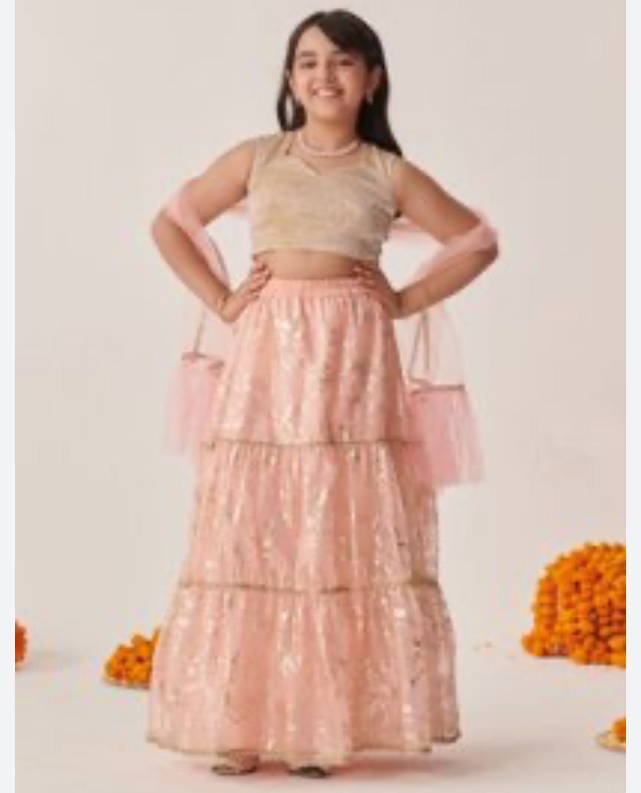 Girls Peach Regular Fit Printed Lehenga Choli in Germany