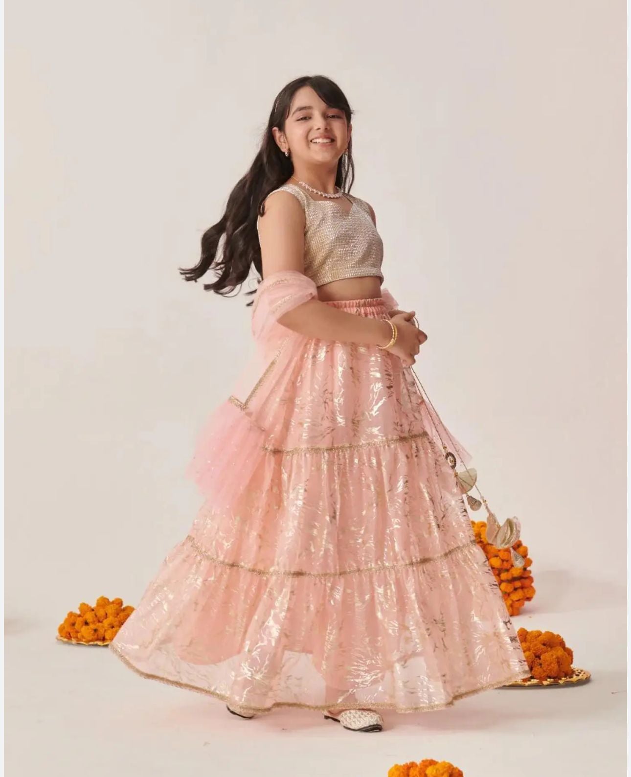 Girls Peach Regular Fit Printed Lehenga Choli in Germany