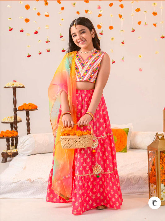Girls Magenta Ethnic Booti Print Cotton Tiered Lehenga & Choli With Dupatta in Berlin