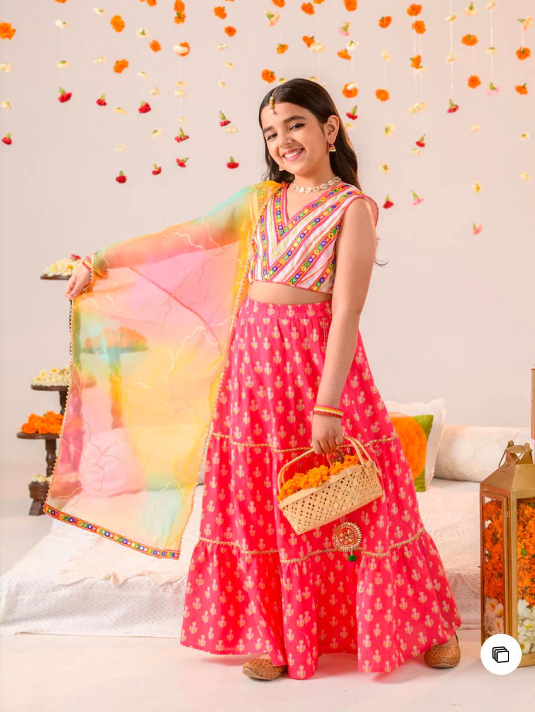 Girls Magenta Ethnic Booti Print Cotton Tiered Lehenga & Choli With Dupatta in Berlin