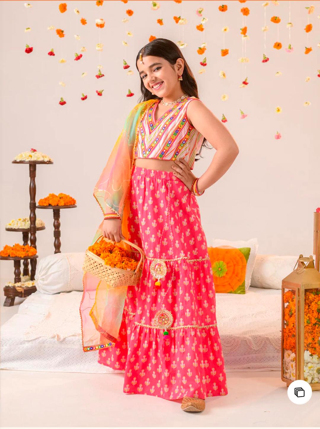 Girls Magenta Ethnic Booti Print Cotton Tiered Lehenga & Choli With Dupatta in Berlin