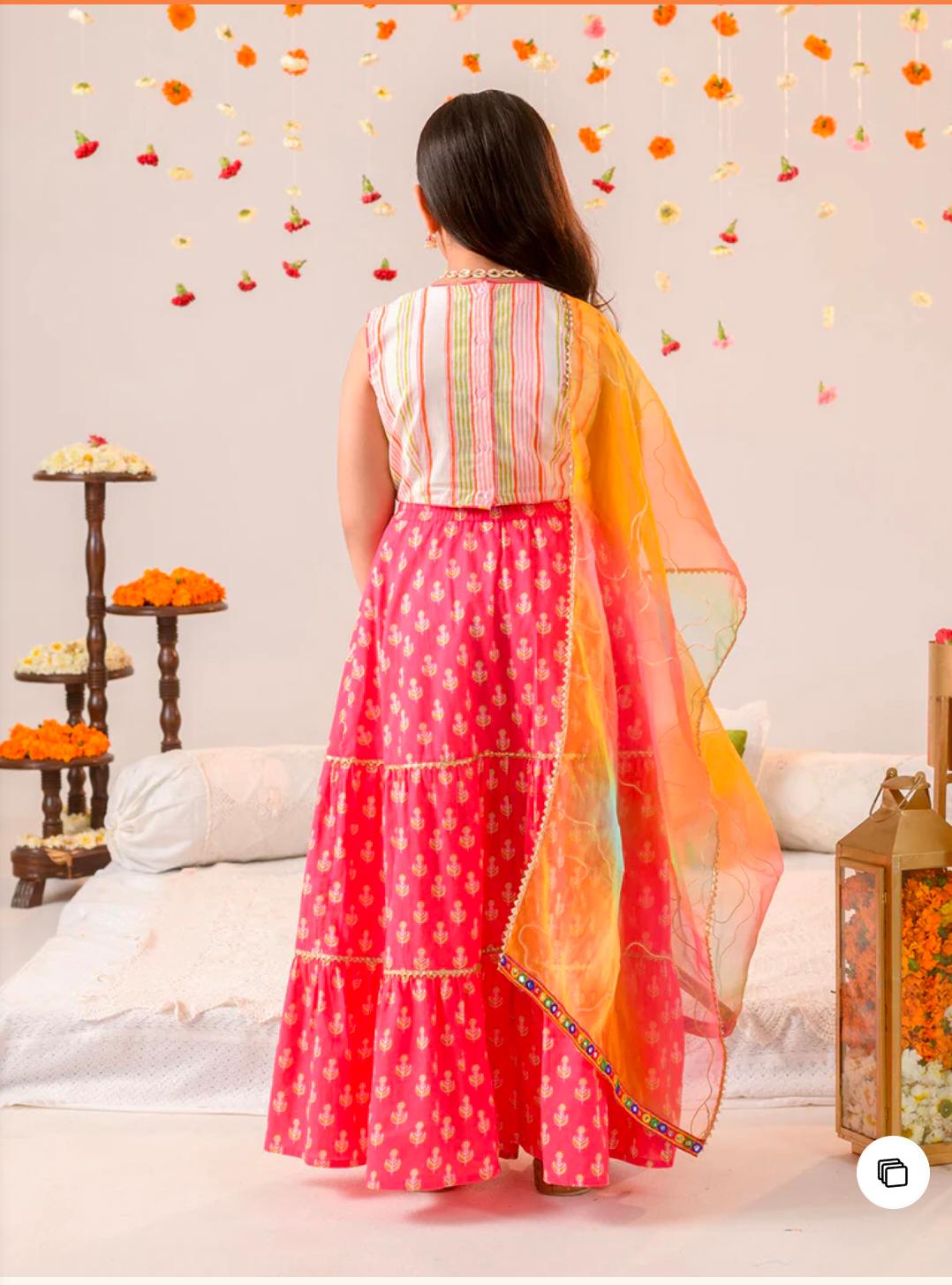 Girls Magenta Ethnic Booti Print Cotton Tiered Lehenga & Choli With Dupatta in Berlin