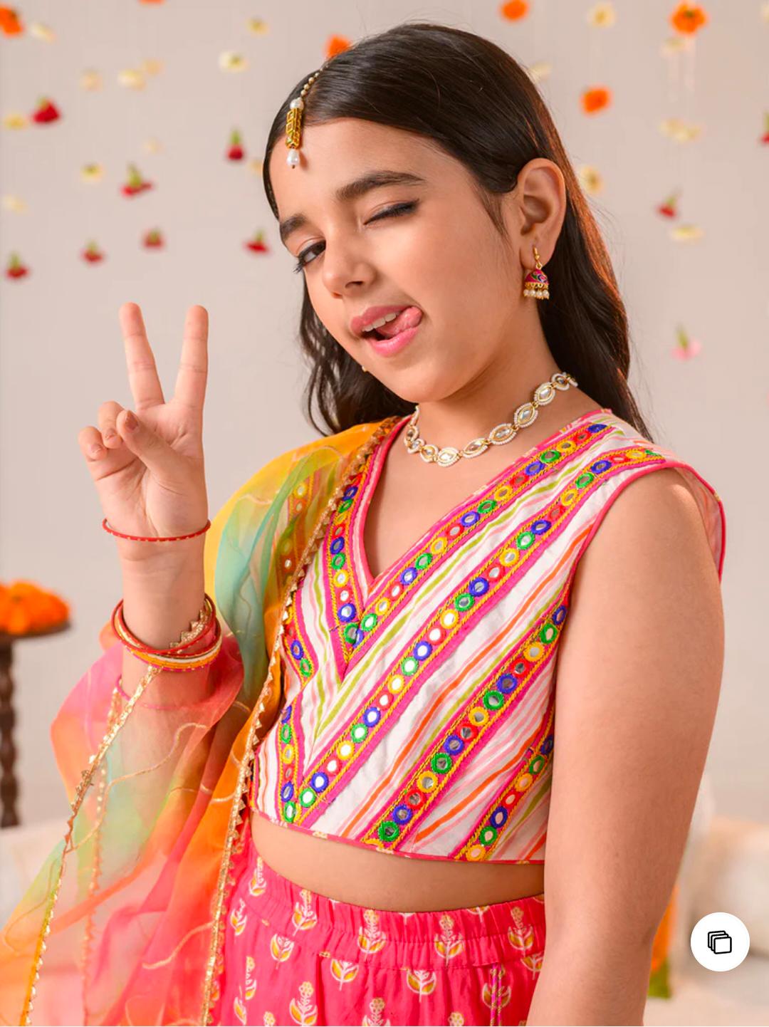 Girls Magenta Ethnic Booti Print Cotton Tiered Lehenga & Choli With Dupatta in Berlin