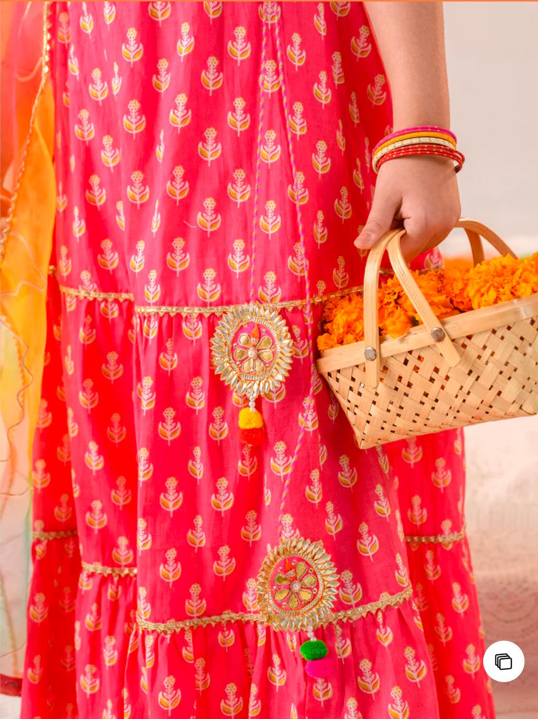 Girls Magenta Ethnic Booti Print Cotton Tiered Lehenga & Choli With Dupatta in Berlin