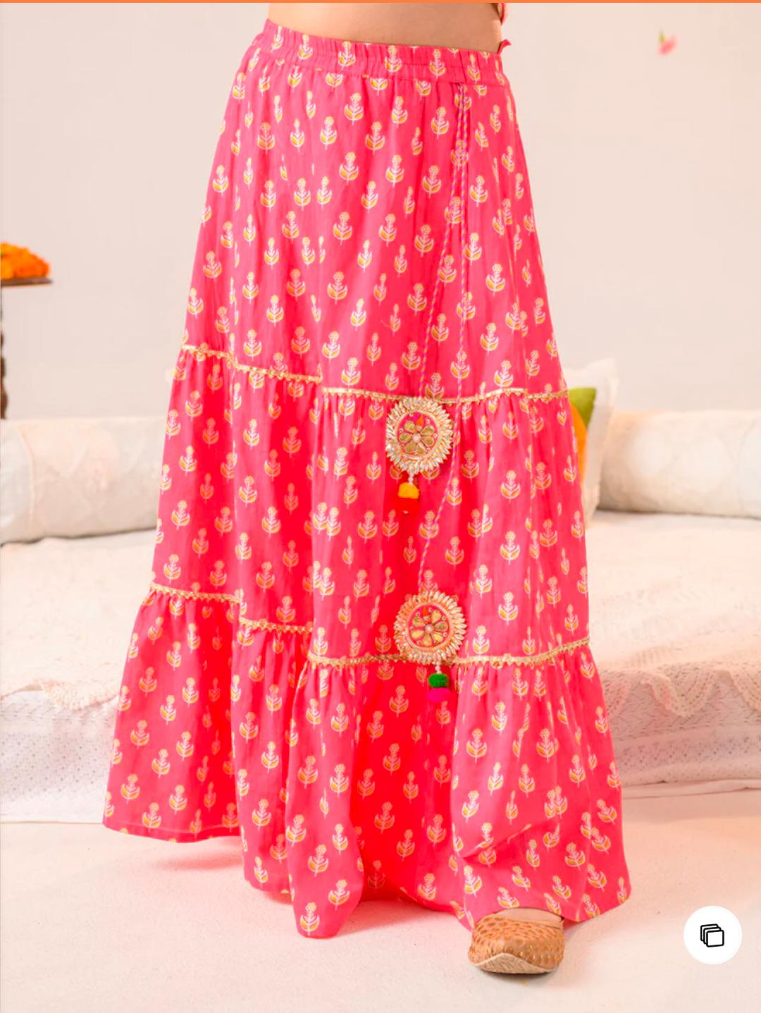 Girls Magenta Ethnic Booti Print Cotton Tiered Lehenga & Choli With Dupatta in Berlin