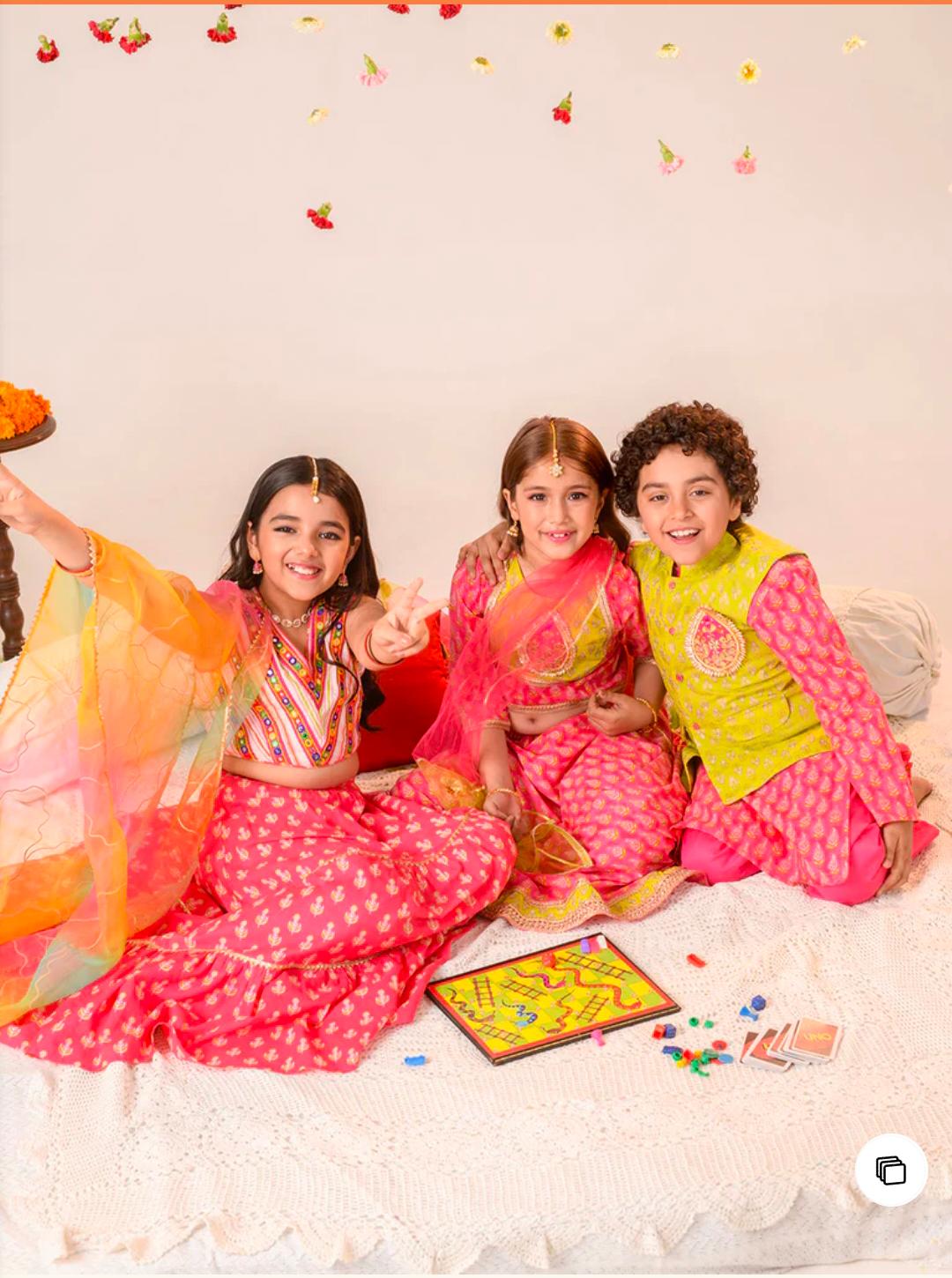 Girls Magenta Ethnic Booti Print Cotton Tiered Lehenga & Choli With Dupatta in Berlin