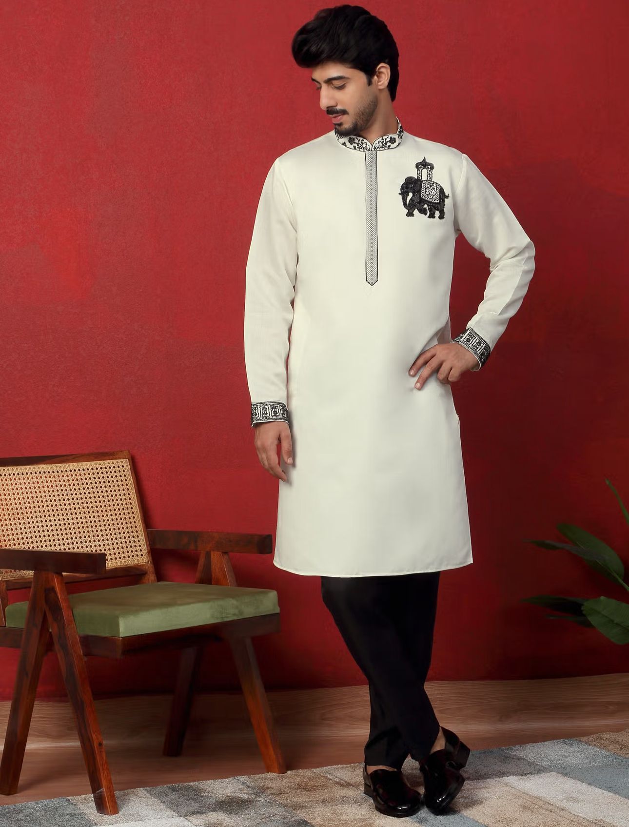 Men's Cotton Silk Beads Work Animal Motifs Cream Kurta with Pant in Berlin