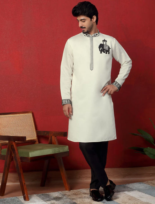 Men's Cotton Silk Beads Work Animal Motifs Cream Kurta with Pant in Berlin