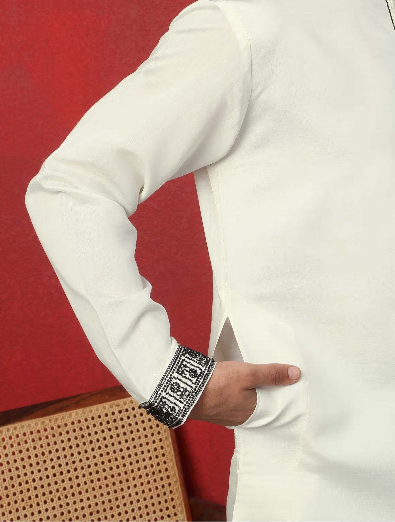 Men's Cotton Silk Beads Work Animal Motifs Cream Kurta with Pant in Berlin