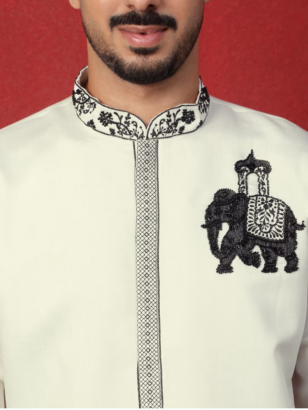 Men's Cotton Silk Beads Work Animal Motifs Cream Kurta with Pant in Berlin