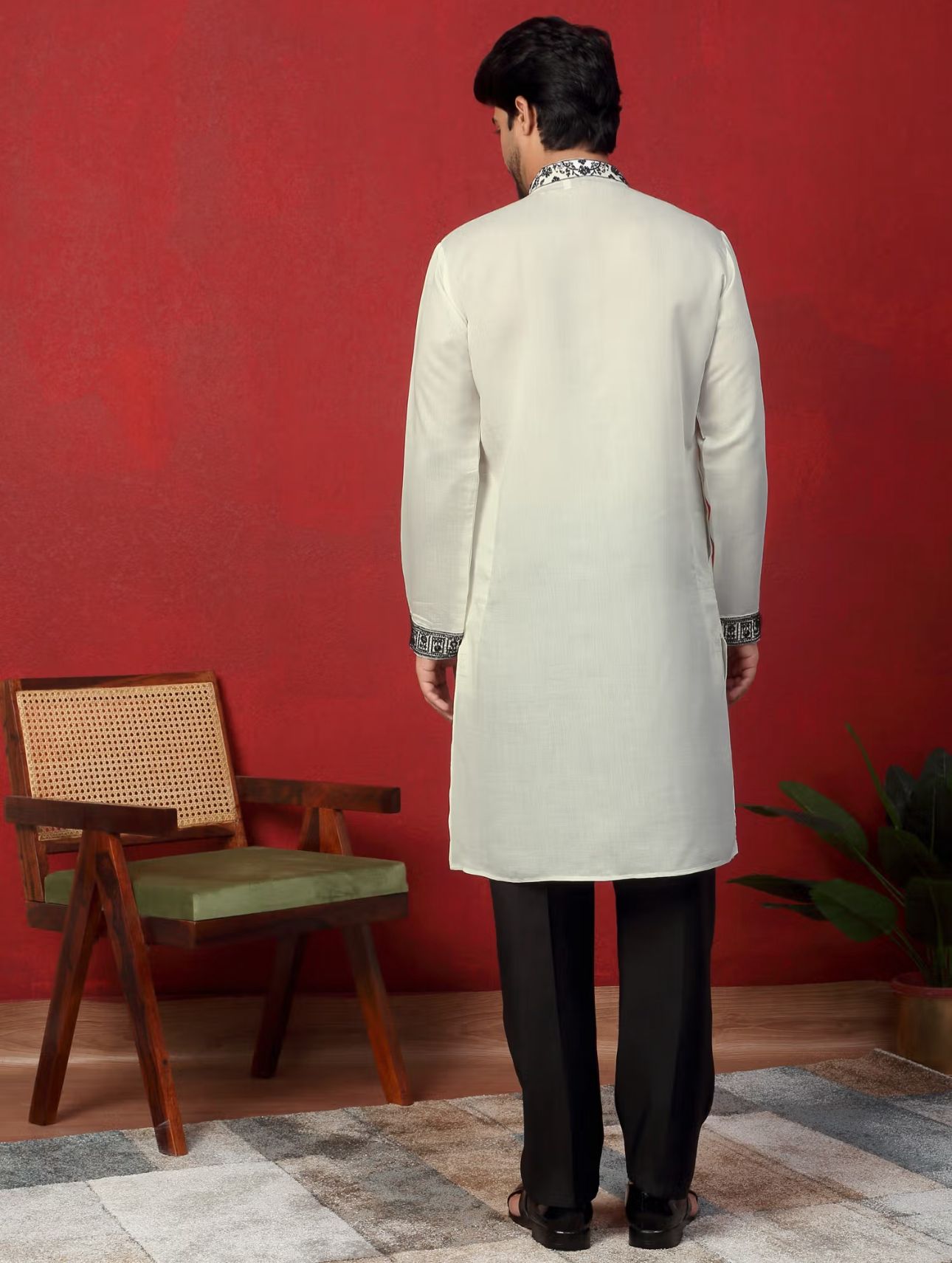 Men's Cotton Silk Beads Work Animal Motifs Cream Kurta with Pant in Berlin