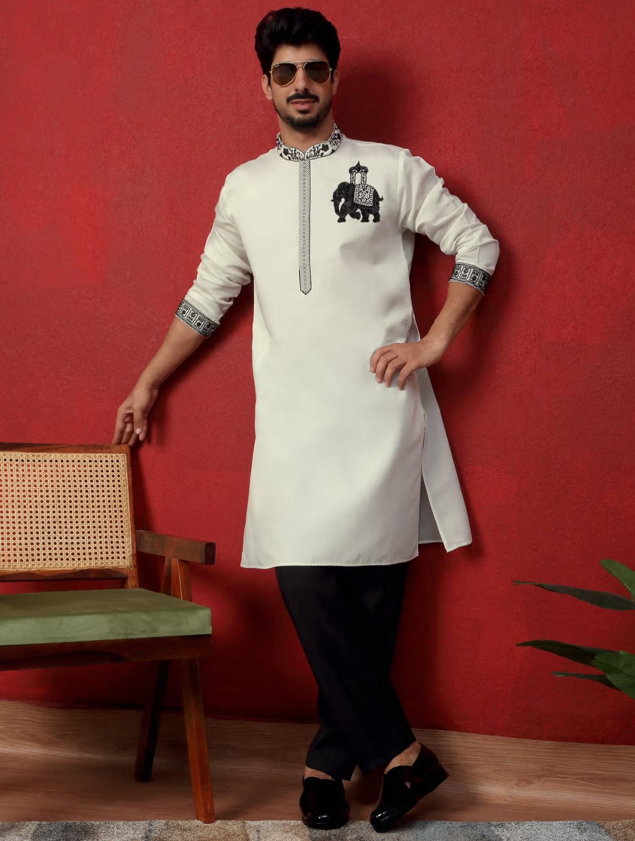 Men's Cotton Silk Beads Work Animal Motifs Cream Kurta with Pant in Berlin